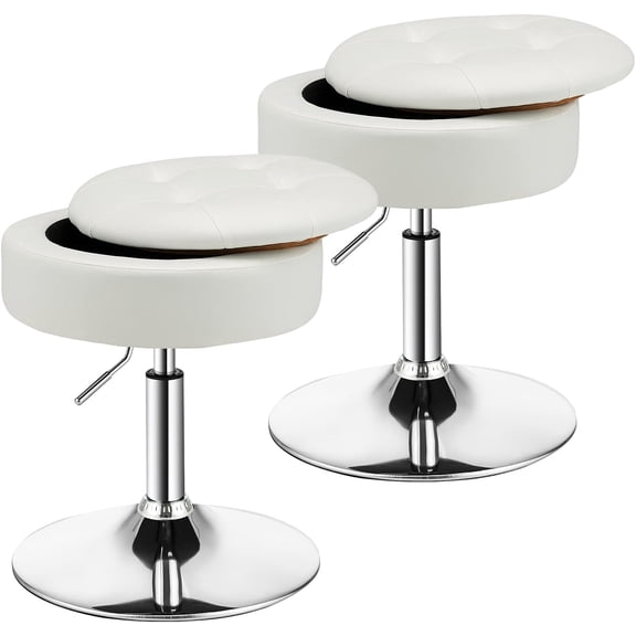 ZJTER Adjustable Swivel Bar Stool Set of 2, Tufted PU Leather, 20-26 in H, with Removable Tray Top and Storage Space, Modern Round Ottoman for Kitchen Island, White