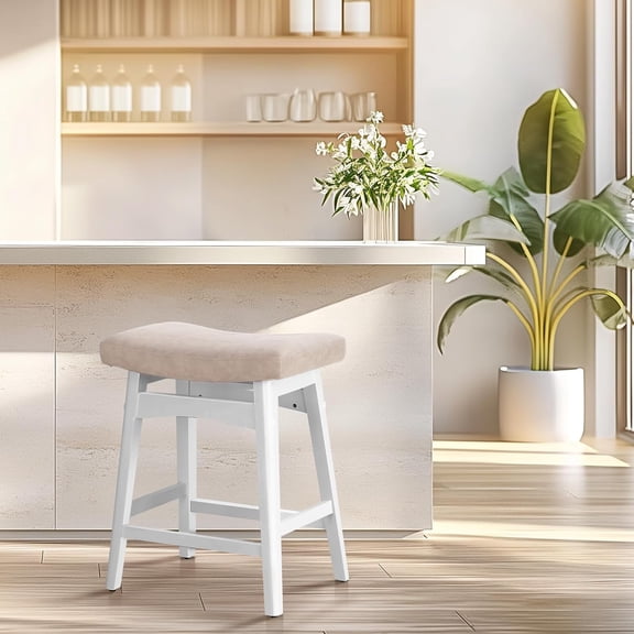 ZJTER Bar Stools Set of 1, Solid Wood Saddle Kitchen Stools with Grey PU Leather Cushion Counter Height Barstools with Wooden Base for Kitchen Dining Cafe, 24 Inch, 1PCS