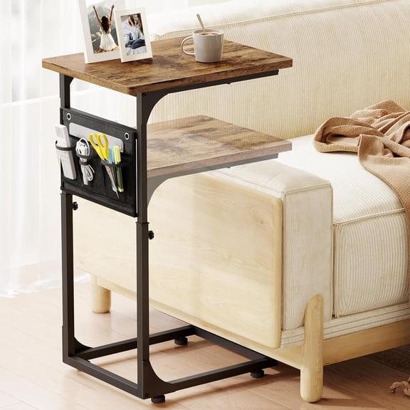ZJTER C Shaped End Table Adjustable Height Side Table for Couch, TV Tray with Storage Bag Slide Under Sofa Small Tables for Living Room, Bedroom & Office, Rustic Brown