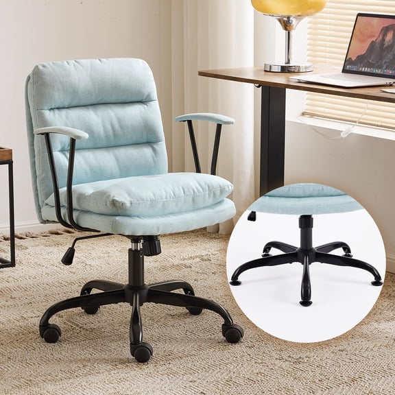 ZJTER Comfortable Office Desk Chairs with/No Wheels,Dual-Base,Removable Armrests,Adjustable Comfy Rolling Swivel Computer Task Nail Chair for Office,Sewing,Makeup Vanity,Teen,Linen Fabric,Mint Green
