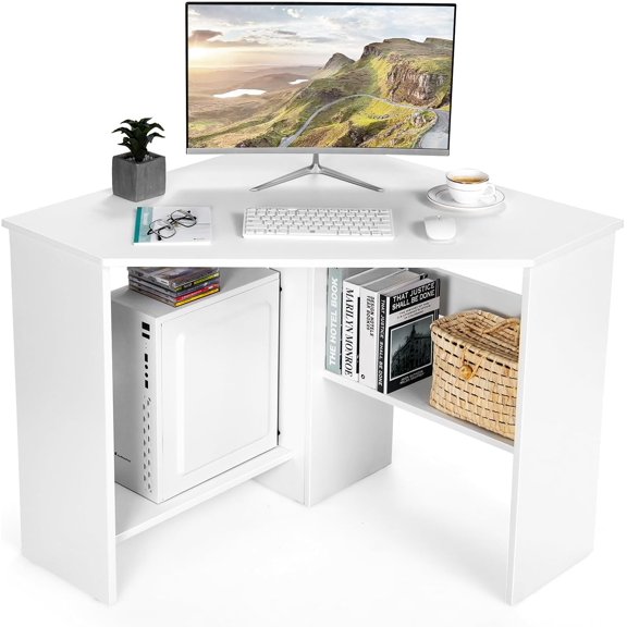 ZJTER Corner Computer Desk, Space-Saving Triangular Writing Desk w/ 2 Storage Shelves & 2 Cable Holes, Multi-Functional Console Table for Small Space in Home Office, Living Room, Bedroom (White)