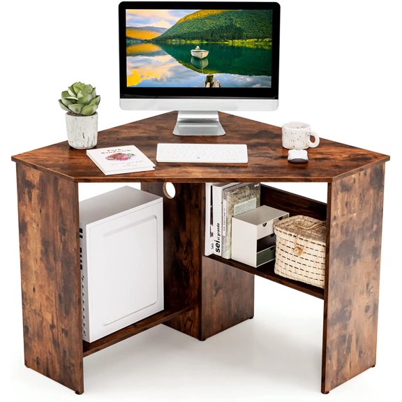 ZJTER Corner Computer Desk, Space-Saving Triangular Writing Desk w/ 2 Storage Shelves & 2 Cable Holes, Multi-Functional Console Table for Small Space in Home Office, Living Room, Bedroom (Coffee)