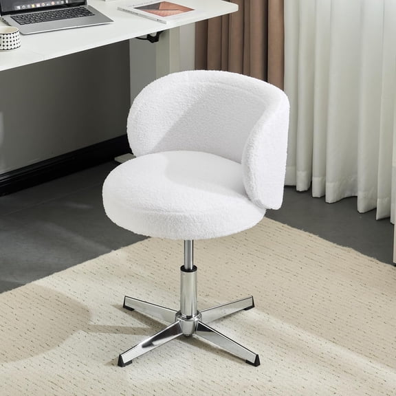ZJTER Cute Small Swivel Desk Chair Comfy no Wheels,Ergonomic Low-Back Lumbar Support Vanity Nail Tech Computer Task StoolGirls Women Kids Chair for Home Office,Height Adjustable,Teddy Fleece,White