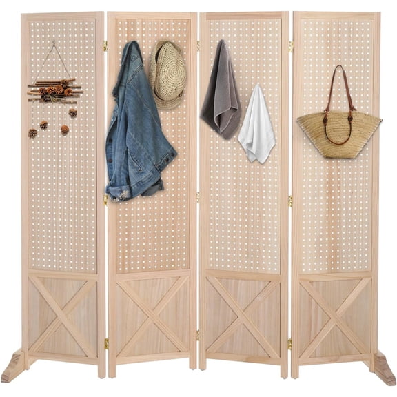 ZJTER Freestanding Pegboard with Support Feet, 5 FT Wood Room Divider Display Board Organizer, Folding Privacy Screen Partition Space Separator for Craft Shows Events Retail (Natural, 4 Panel)