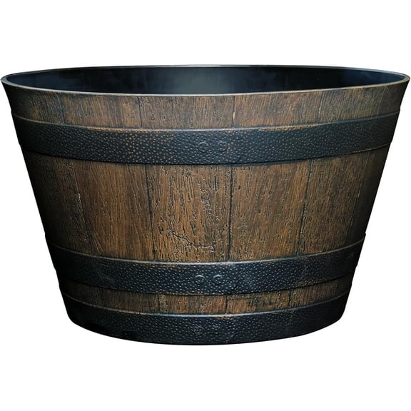 ZJTER by Growscape Whiskey Barrel Planters, Wood Finish Flower Planter Pot, Stylish Indoor & Outdoor Resin Garden Pots, Weather-Resistant Planting Pot (20.5" Kentucky Walnut, 1- Pack)