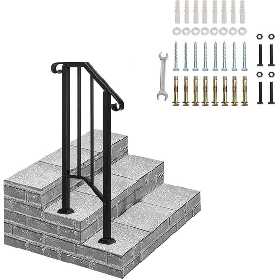 ZJTER Handrails for Outdoor Steps, Black Wrought Iron Handrail Fits 1 Step, Transitional Handrail with Installation Kit, Stair Railing for Concrete Steps or Wooden Stairs