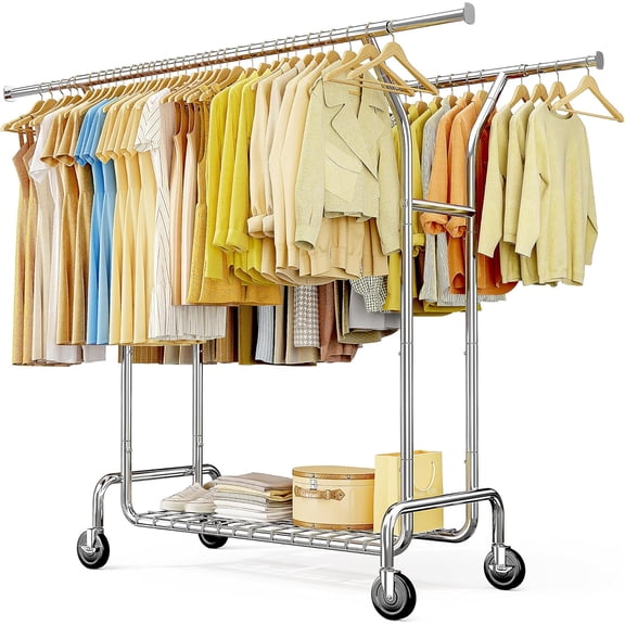 ZJTER Heavy Duty Clothes Rack Load 630 LBS, Double Rods Rolling Clothing Rack with 360 Lockable Wheels, Easy Assembly, Portable Adjustable Garment Rack with Shelves for Home & Commercial, Chrome