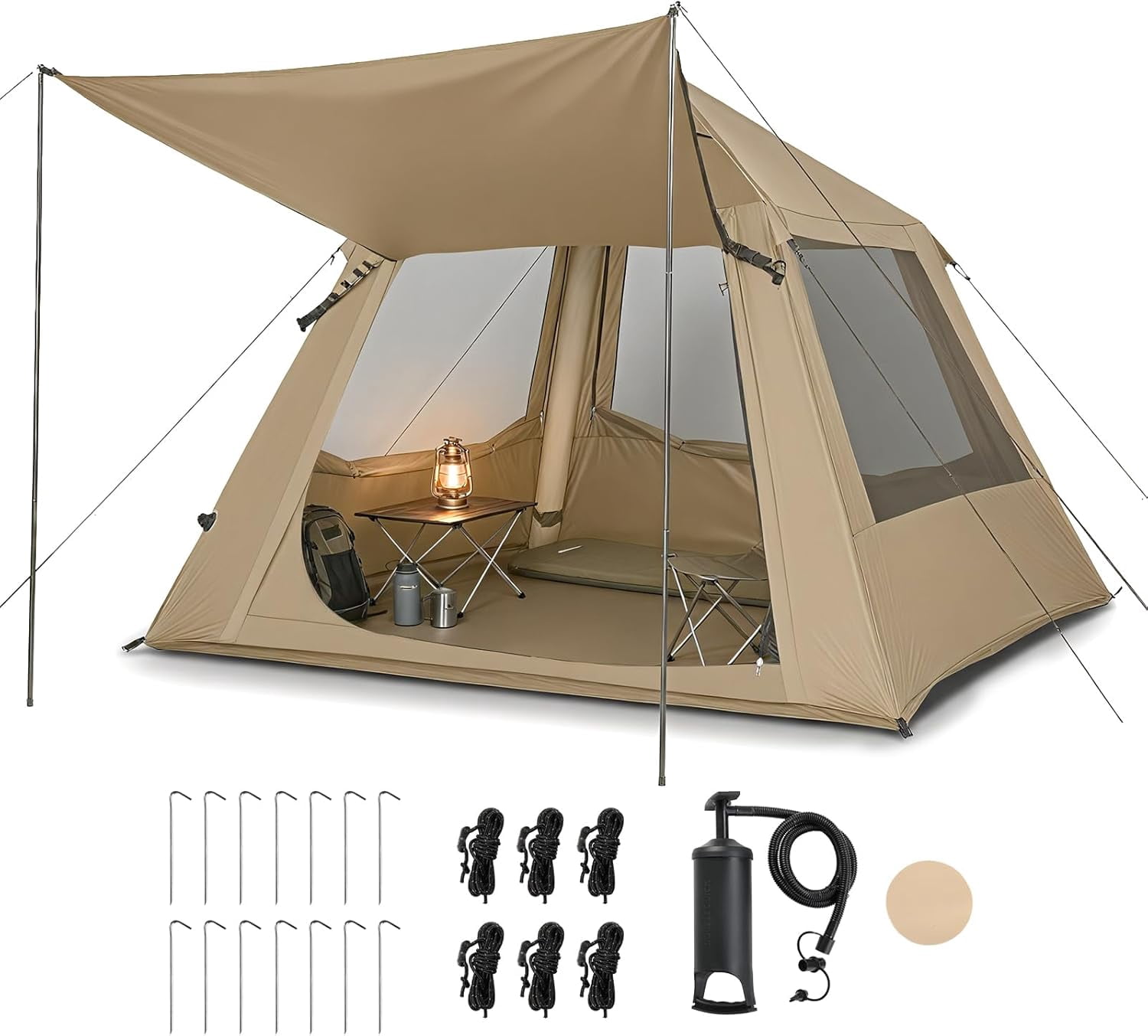 ZJTER Inflatable Camping Tent, All-Weather Inflatable Hot Tents with Stove Jack, Blow Up Tent for Camping with Mesh Doors & Windows, Inflatable Air Tents for Camping Adult
