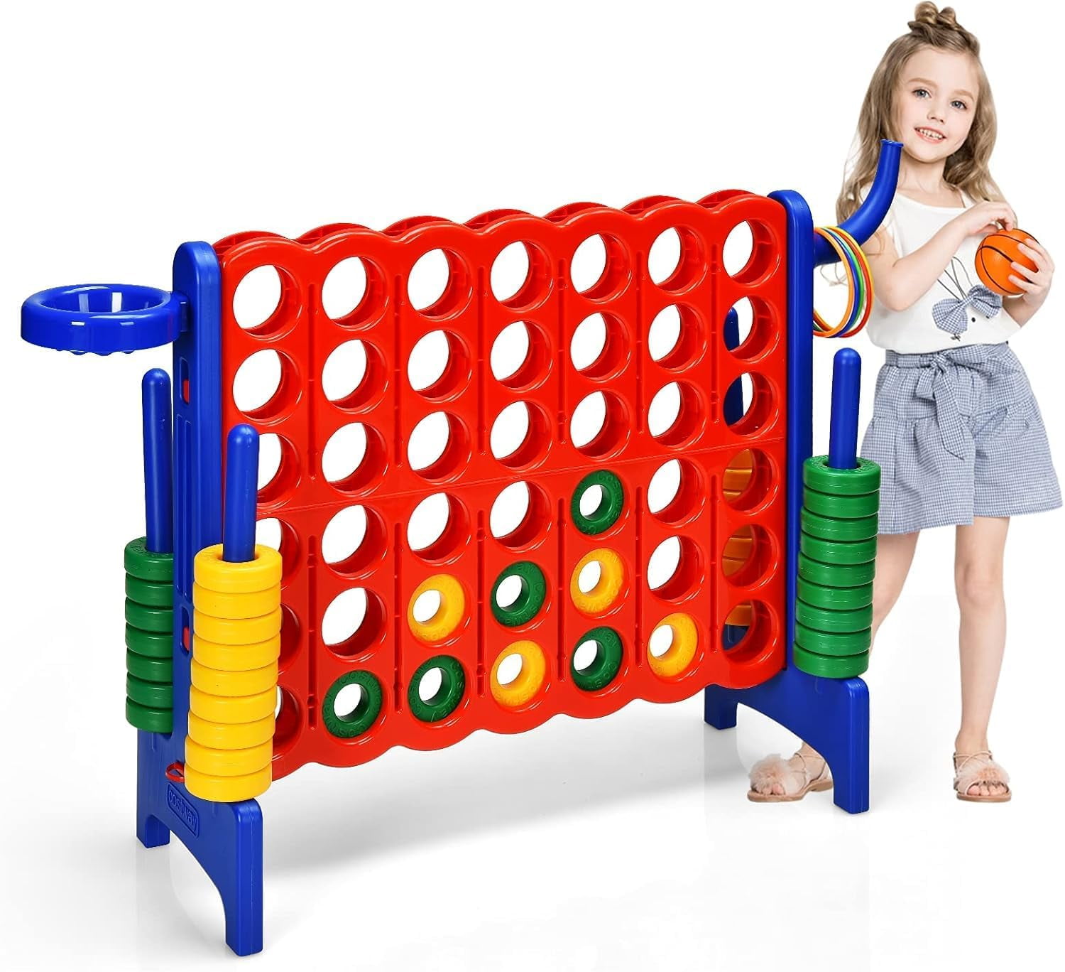 ZJTER Jumbo 4-to-Score Giant Game Set for Kids & Adults, 2.5Ft Indoor Outdoor Game with Basketball Hoop, Ring Game, 42 Jumbo Rings, Quick-Release Slider, Perfect for Birth & Holiday Party