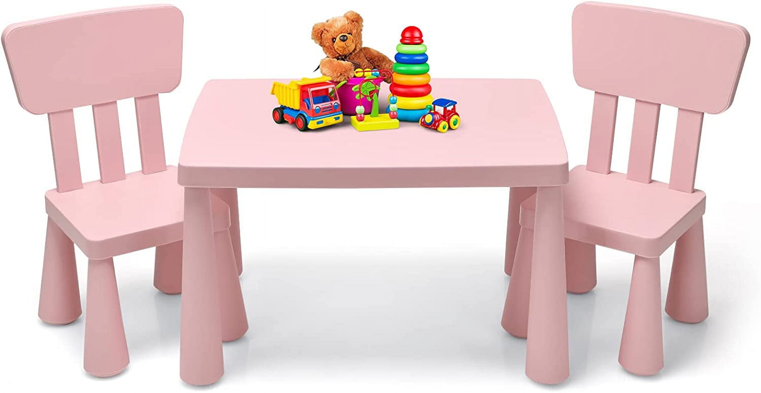 ZJTER Kids Table and Chair Set, Plastic Children Activity Table and 2 Chairs for Art Craft, Easy-Clean Tabletop, 3-Piece Toddler Furniture Set for Daycare Playroom, Gift for Boys Girls(Pink)