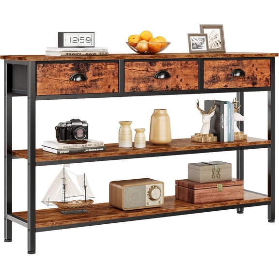 ZJTER Long 47" Console Sofa Table with 3 Drawers, Entryway Table with 3-Tier Storage Shelves, Industrial Display Shelf for Entry Way, Hallway, Couch, Living Room, Kitchen, Foyer, Rustic Brown