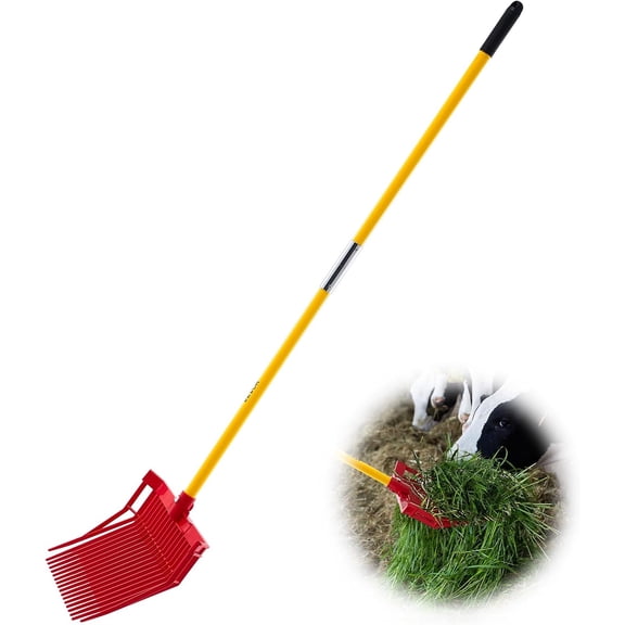 ZJTER Manure Fork, 18 Angled Tines, Horse Manure Rake with Long Fiberglass Handle, 61 in Durable Plastic Pitchfork Muck Rake Tool for Gardening Horse Stall Stable Grass Hay Cleaning Farm Work