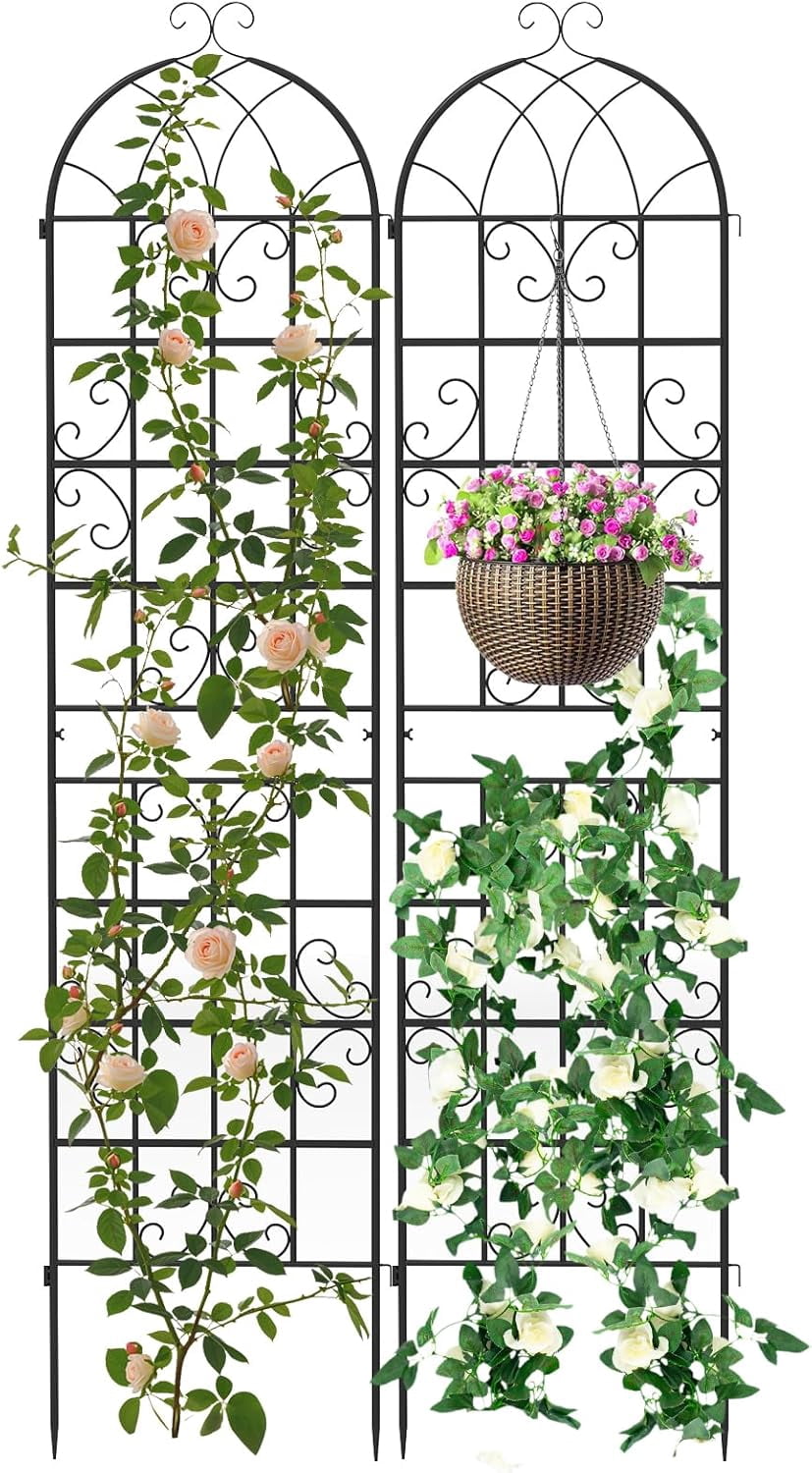 ZJTER Metal Garden Trellis for Climbing Plants, 2 Pack 87" Tall Fence Trellis Panels, Retro Style Cucumber Trellis, Indoor & Outdoor Decorative Plant Support Stand for Rose Ivy Vine, Black