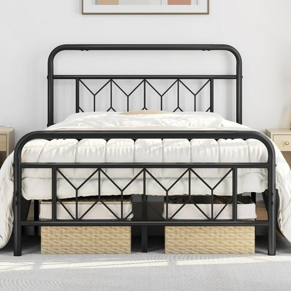 ZJTER Metal Platform Bed Frame Mattress Foundation with Diamond Pattern Headboard/Footboard/Heavy Duty Steel Slat Support/Under Bed Storage/No Box Spring Needed/Full Size Black