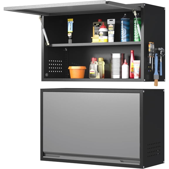 ZJTER Metal Wall Cabinet, Garage Wall Cabinet with Up-Flip Door, 19.7" H Wall Mounted Metal Storage Cabinet for Kitchen,Garage,Basement,Ware House Assembly Required (Black Gray 31.5" W)