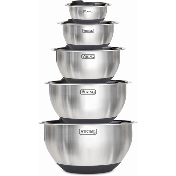 ZJTER Mixing Bowls Set, 10 Piece Stainless Steel Kitchen Cookware, Non-Slip Silicone Base, Includes Tight Fit Lids, Dishwasher Safe, Black