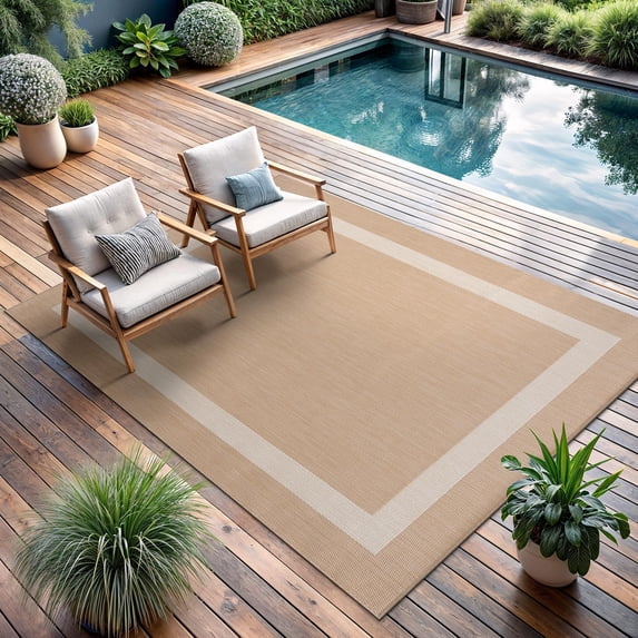 ZJTER Outdoor Rug 5x7, Modern Outside Rugs for Patios Porches Waterproof Durable Washable Non-Shedding, Easy-to-Clean Indoor Outdoor Area Carpet (5 x 7, Bordered - Beige/White)