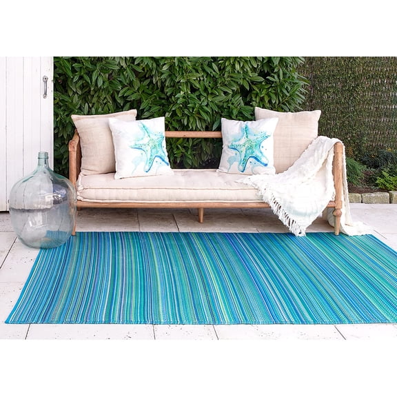 ZJTER Outdoor Rug - Waterproof, Fade Resistant, Crease-Free - Premium Recycled Plastic - Striped - Porch, Deck, Balcony, Hallway, Poolside - Cancun - Turquoise & Moss Green - 2.5 x 8 ft Runner