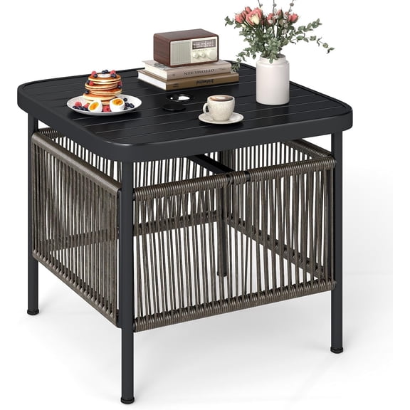 ZJTER Outdoor Side Table with Umbrella Hole 1.57, Square Rattan Wicker Coffee Bistro End Table Umbrella Stand, for Backyard Poolside Garden (1)
