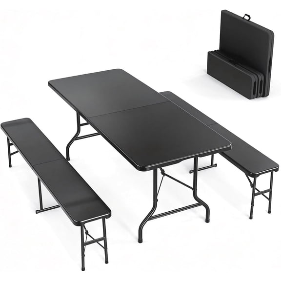 ZJTER Picnic Table Set with 2 Benches, 6 Feet Camping Table Chair Set, 3-Piece Folding Furniture for Indoor or Outdoor Use, Tree Patterned HDPE Tabletop, Black
