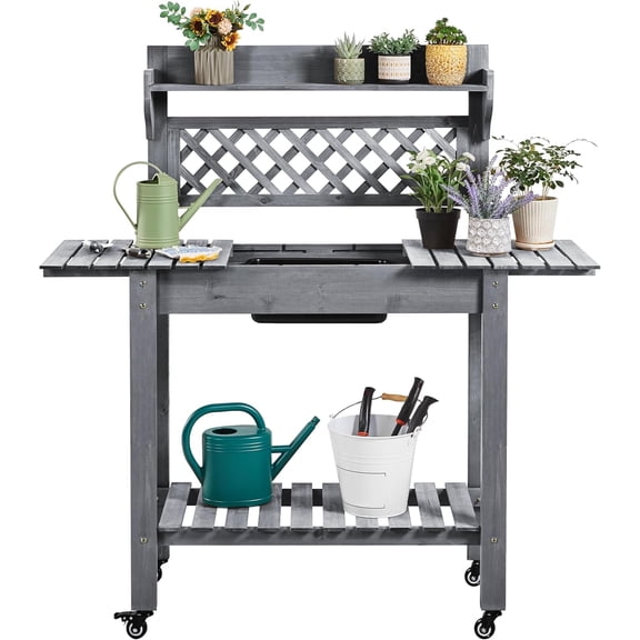 ZJTER Potting Bench Table Outdoor Garden Potting Table Wooden Workstation w/Sliding Tabletop Removable Sink w/Storage Shelf Flower Pot Bench Mobile Garden Potting Bench Gray