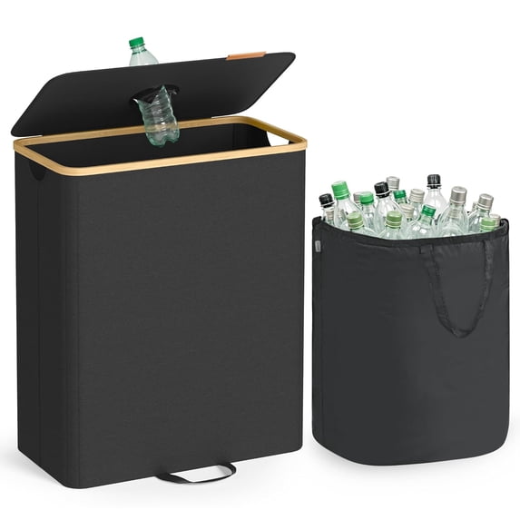 ZJTER Recycling Bin for Kitchen 37 Gallon. Bottle Recycling Container, Collection Bin, for Metal, Plastic, Paper, Glass, Inner Bag with Handles, Kitchen, Ink Black and Natural Beige URRB513B01