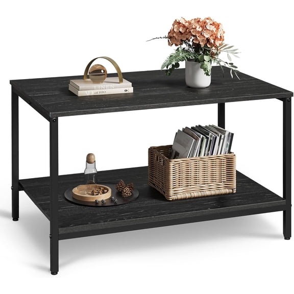 ZJTER Small Coffee Table for Living Room, 31.3" Modern Industrial Coffee Table with Storage Shelf & Metal Frame, 2-Tier Wood Center Table for Small Spaces Apartment, Home, Charcoal Black