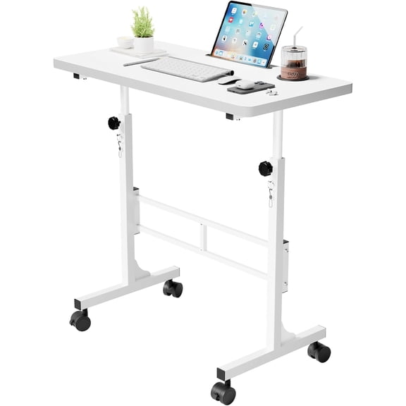 ZJTER Small Portable Standing Desk Adjustable Height, Mobile Stand Laptop Computer Workstation with Lockable Wheels for Walking Pad Treadmill (White)