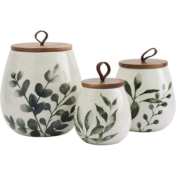 ZJTER Tabletops Gallery Ceramic Canister Collection- Stoneware Designed Kitchen Storage Acacia Wood White Set, 3 Piece Green Leaf Canister Set
