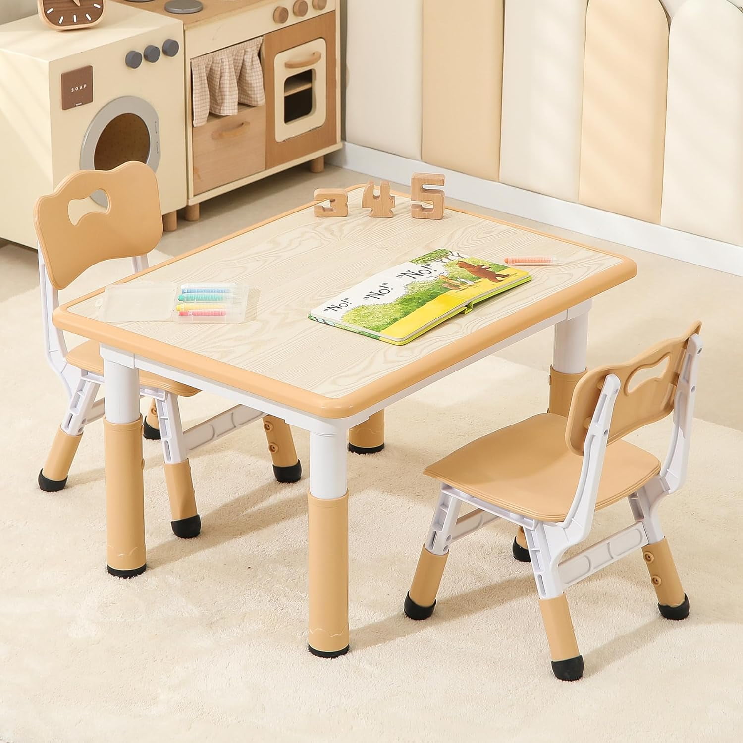 ZJTER Toddler Table and 2 Chairs, Height-Adjustable Kids Table and Chairs Set, 31.5''L x 23.6''W Children Activity Table for Boys and Girls Aged 3-8