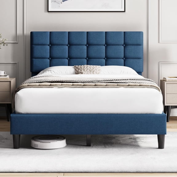 ZJTER Upholstered Bed Frame, Modern Full Bed Platform with Square Stitched&Button Tufting Headboard Height Adjustable, Wooden Slats Support, No Box Spring Needed, Full Size, Navy Blue