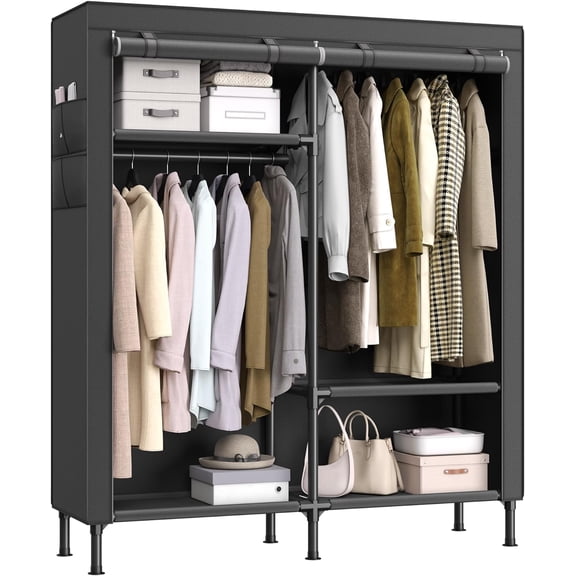 ZJTER Wardrobe Closet, 65 Inch Heavy Duty Portable Closet, Freestanding Closet Organizer, Clothes Rack with Cover, 2 Hanging Rails, 3 Shelves,4 Side Pockets,Black URDR301B02