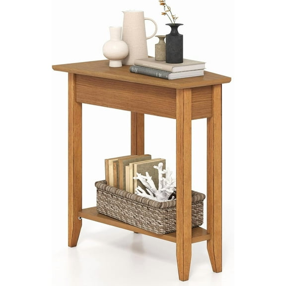 ZJTER Wedge End Table, Triangle Side Table with Storage Shelf and Solid Wood Legs, 24.5" Tall Nightstand, Modern Narrow Accent Recliner Table for Small Space Living Room, Walnut