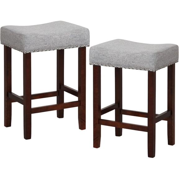 ZJTER Wooden Saddle Stools Set of 2, 25-inch Backless Counter Chairs with Nailhead Trim, Rubber Wood Frame, Footrest, Max Load 330 Lbs, Upholstered Bar Stools for Kitchen Island, Grey+Brown