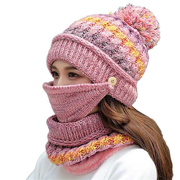ZJXFGS Beanie Hats For Women,Winter Hat With Ear Flaps,Cozy Head Beanie,3 In 1 Beanie Hat With Scarf And Mask,Warm Hats For Women,Slouchy Beanie,Beanie With Ear Flaps, Pink, One Size