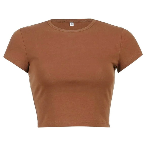 ZJXFGS Black Crop Top, , Women's Round Neck Summer Solid Color Short T Shirt, T Shirts for WomenBrownM
