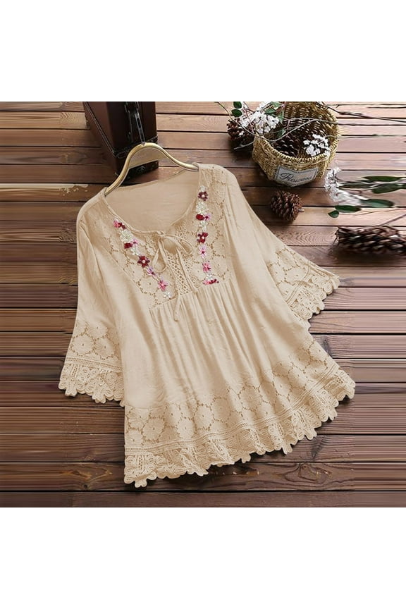 Boho Tops for Women Petite Tops for Women Women's Linen Boho Tops Dressy Fringe Tops for Women Embroidered Tops for Women Beige L
