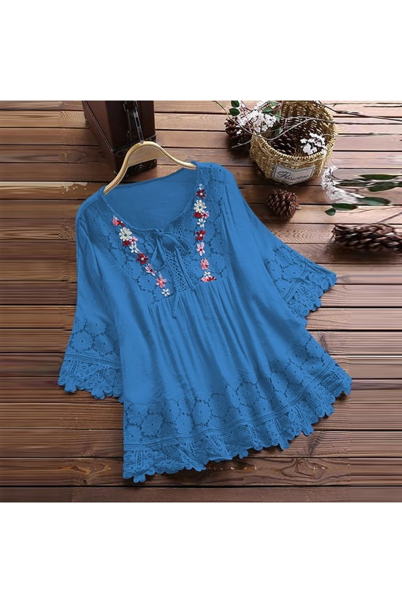 Boho Tops for Women Petite Tops for Women Women's Linen Boho Tops Dressy Fringe Tops for Women Embroidered Tops for Women Blue S
