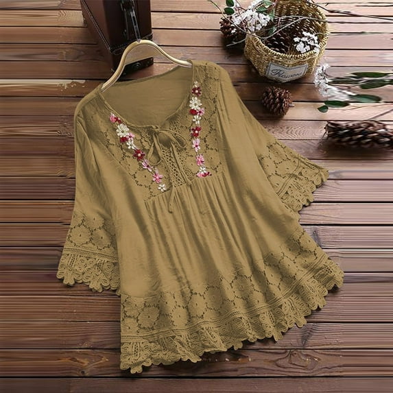 ZJXFGS Boho Tops for Women Petite Tops for Women Women's Linen Boho Tops Dressy Fringe Tops for Women Embroidered Tops for Women Coffee 3XL