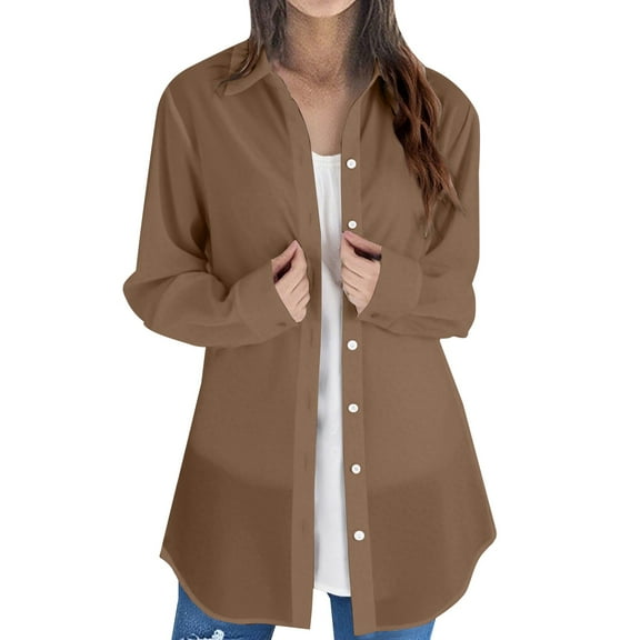 ZJXFGS Button Down Shirt Jackets for Women Basic Work Office Casual Tops Women Long Sleeve Plain Tops Plus Size Shirts Blouses Tops Brown 2XL