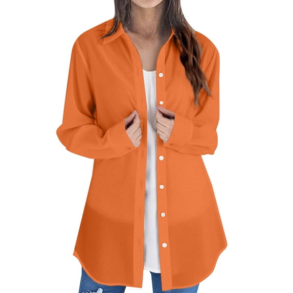 ZJXFGS Button Down Shirt Jackets for Women Basic Work Office Casual Tops Women Long Sleeve Plain Tops Plus Size Shirts Blouses Tops Orange M