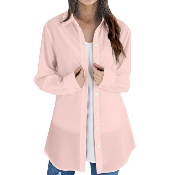 ZJXFGS Button Down Shirt Jackets for Women Basic Work Office Casual Tops Women Long Sleeve Plain Tops Plus Size Shirts Blouses Tops Pink L