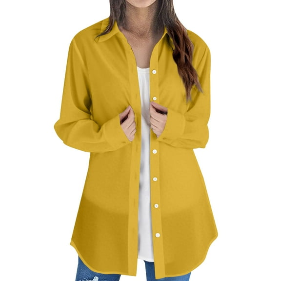 ZJXFGS Button Down Shirt Jackets for Women Basic Work Office Casual Tops Women Long Sleeve Plain Tops Plus Size Shirts Blouses Tops Yellow 3XL