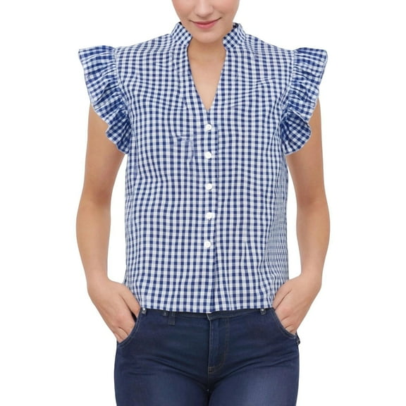 ZJXFGS Button Down Shirts for Women Gingham Top Stripes Blouses Plaid Tops Women Y2K Going Out T-Shirt Short Sleeve Blouses for Women Blue M