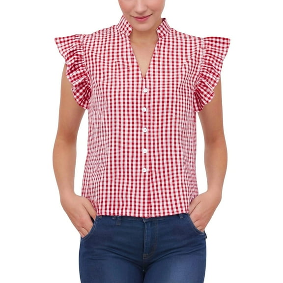 ZJXFGS Button Down Shirts for Women Gingham Top Stripes Blouses Plaid Tops Women Y2K Going Out T-Shirt Short Sleeve Blouses for Women Red 2XL