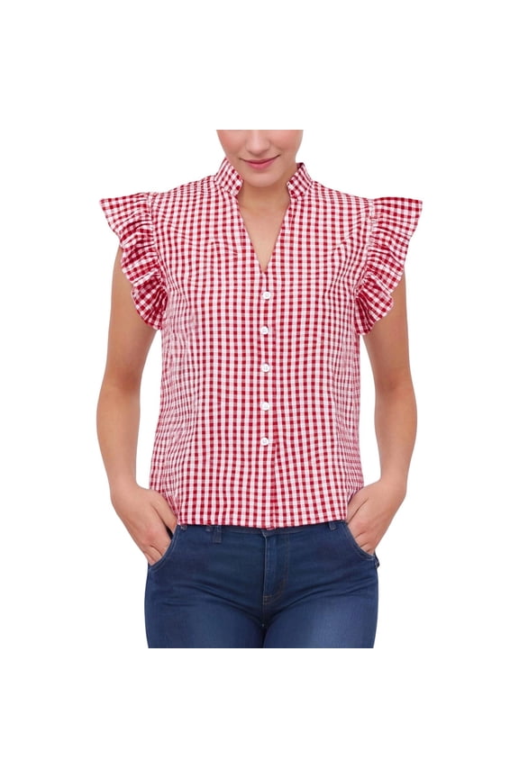 Button Down Shirts for Women Gingham Top Stripes Blouses Plaid Tops Women Y2K Going Out T-Shirt Short Sleeve Blouses for Women Red M