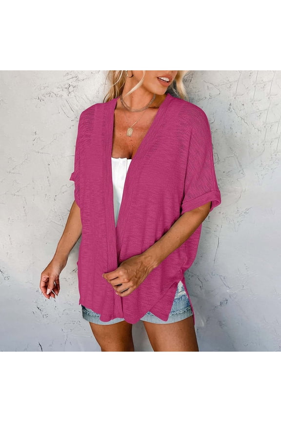 Cardigan Sweaters for Women 2025 Summer Lightweight Short Sleeve Cardigans for Women Front Open Cover Ups Cardigans for Women Trendy Hot Pink S