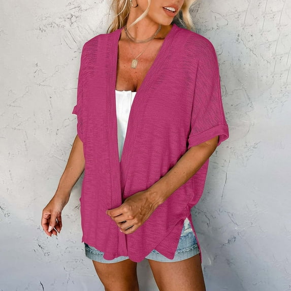 ZJXFGS Cardigan Sweaters for Women 2025 Summer Lightweight Short Sleeve Cardigans for Women Front Open Cover Ups Cardigans for Women Trendy Hot Pink XL