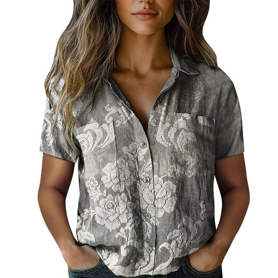ZJXFGS Early Fall Fashion Western Shirts For Women T Shirts For Women Womens Fall Clothes Western Outfit For Women Office Clothes For Women Button Down Shirts For Women Gray S