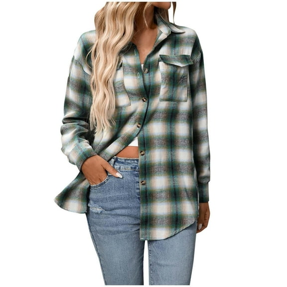 ZJXFGS Flannel Shirt Women Oversized Womens Flannel Jacket Womens Plaid Flannel Shirts Fall Shackets for Women 2025 Green 2XL